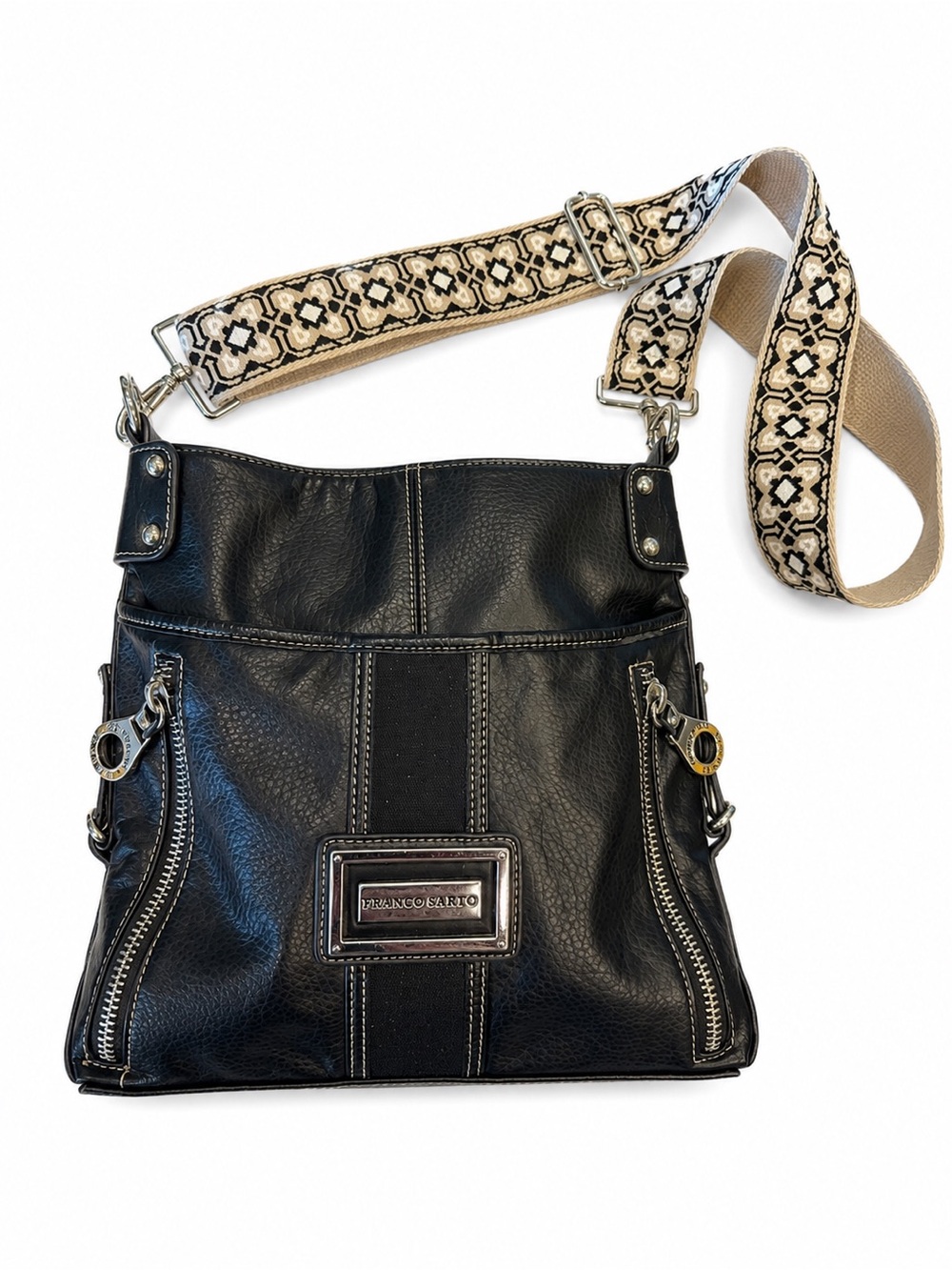 Franco Sarto Black Crossbody with Woven Guitar Style Strap